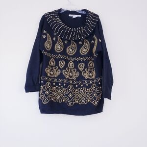 Vintage Black Gold Beaded Paisley Cowlneck Tunic Sweater 90s Large Victoria Jone